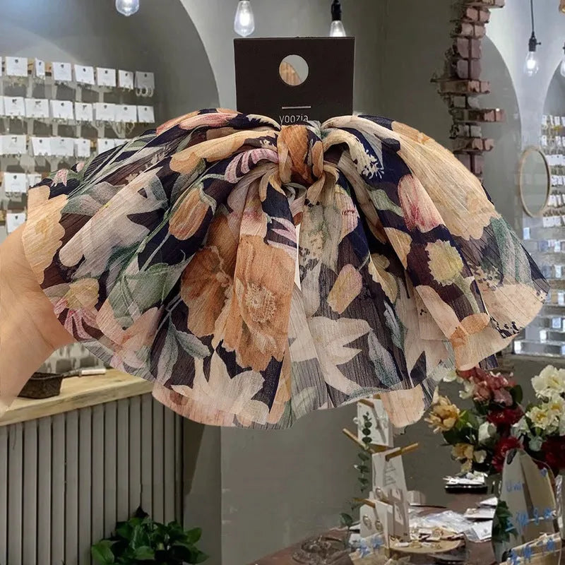 Floral bow chiffon tulle hair band in pink or navy blue for women, retro style cloth hair accessory