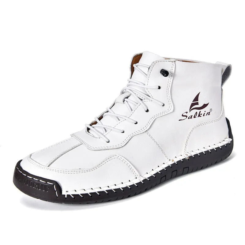 Beige high-top retro casual boots with elastic band and flat rubber sole.