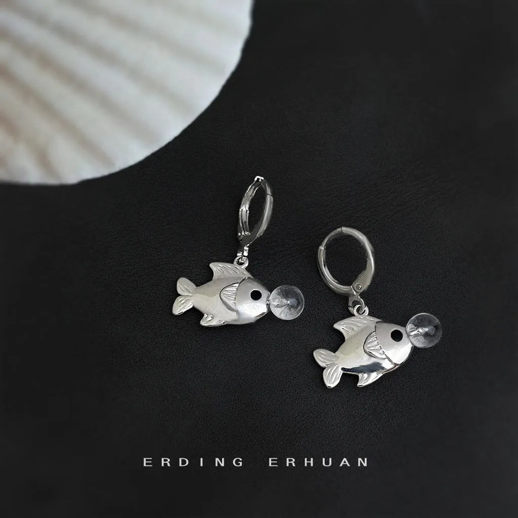 Bubble fish design copper earrings with electroplated finish and goldfish decorative elements