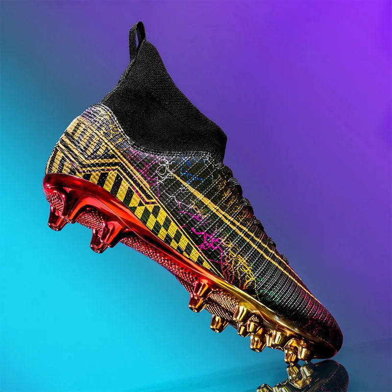 Men's high-top white soccer training shoes with a gold plated sole bottom on artificial grass.