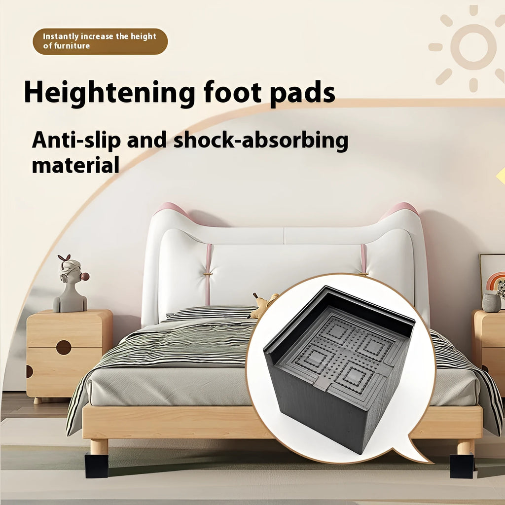 Four black plastic furniture risers or feet for beds and sofas