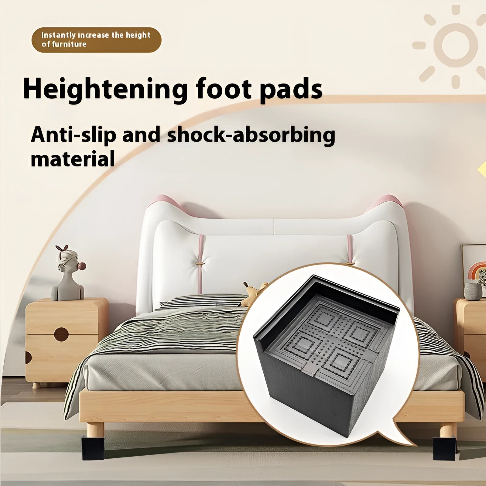 Four black plastic furniture risers or feet for beds and sofas