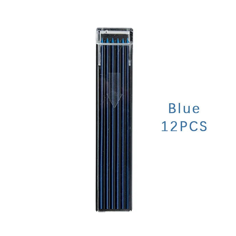 Plastic box containing 12 refill leads for a 0.5mm mechanical pencil in various colours.