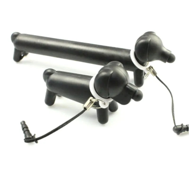 Black puppy-shaped touch screen stylus pen shown in dual-length positions with phone holder function