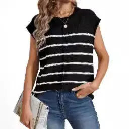 Women's striped sleeveless vest pullover top in acrylic fabric on a hanger
