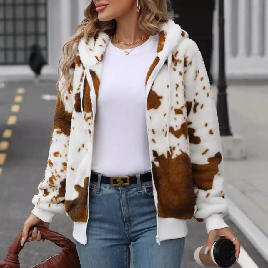 Yellow brown cow print plush hooded zip-up cardigan jacket