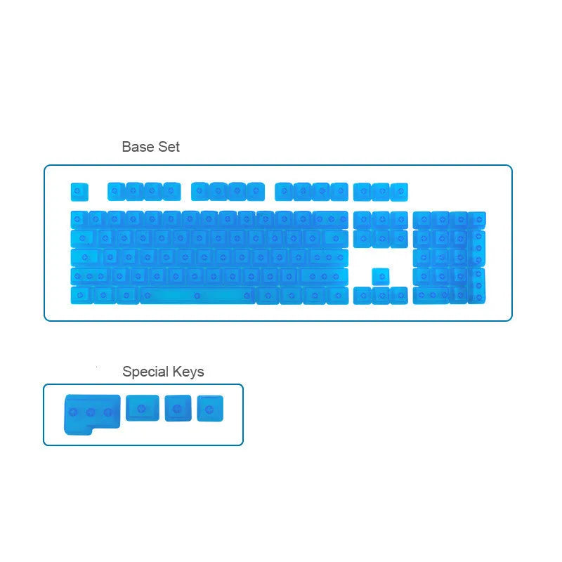 104 transparent PBT keycaps in OEM profile, unengraved, shown in orange, white, blue or black