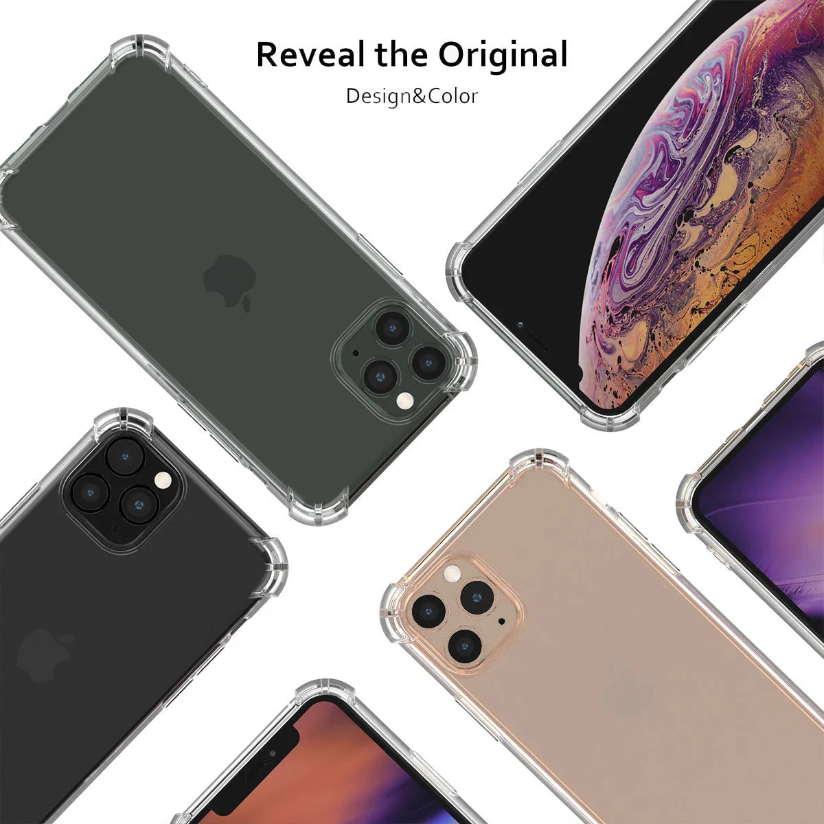 Clear transparent TPU shockproof phone case for Apple iPhone, showing front and back views.