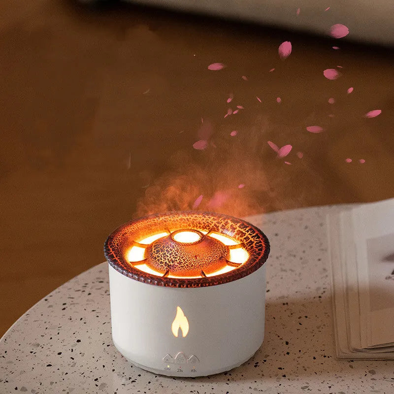 Volcano humidifier with two-colour flame effect spray ring and round plastic housing