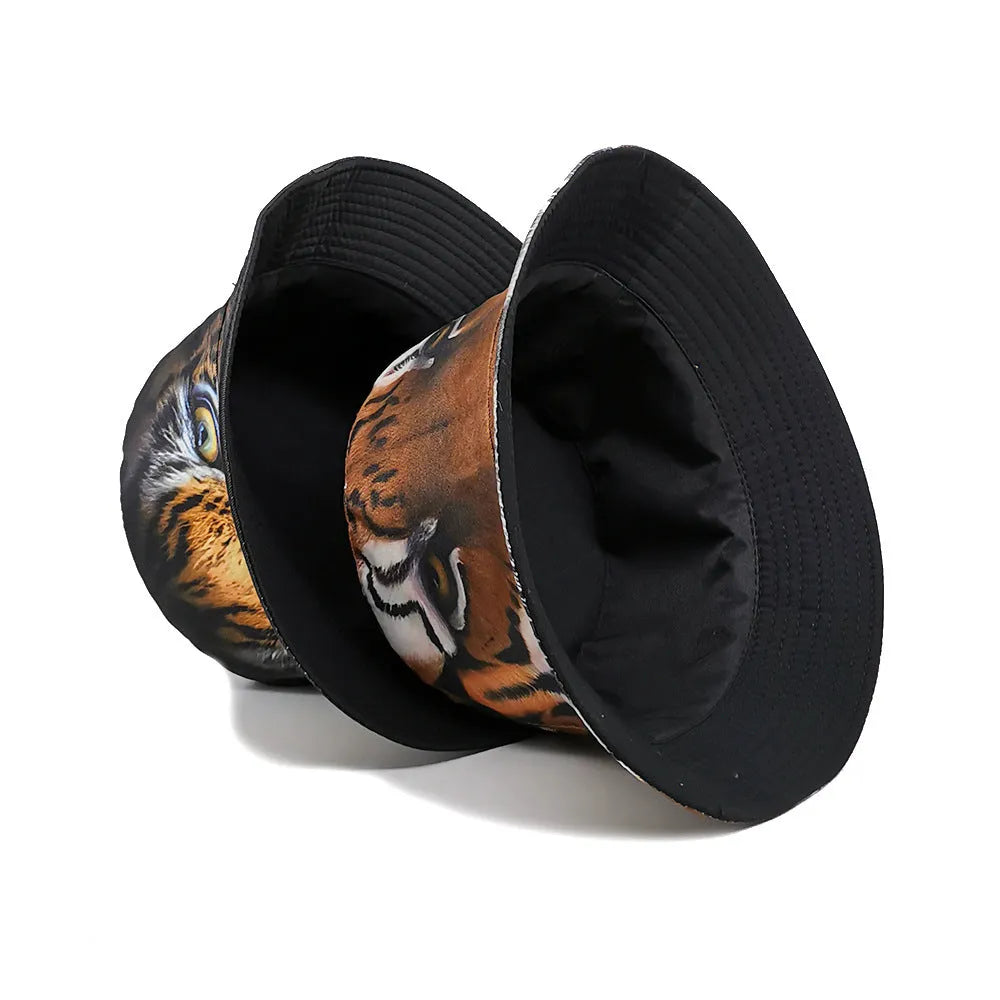 Tiger pattern bucket hat with dome crown in khaki or black colour options