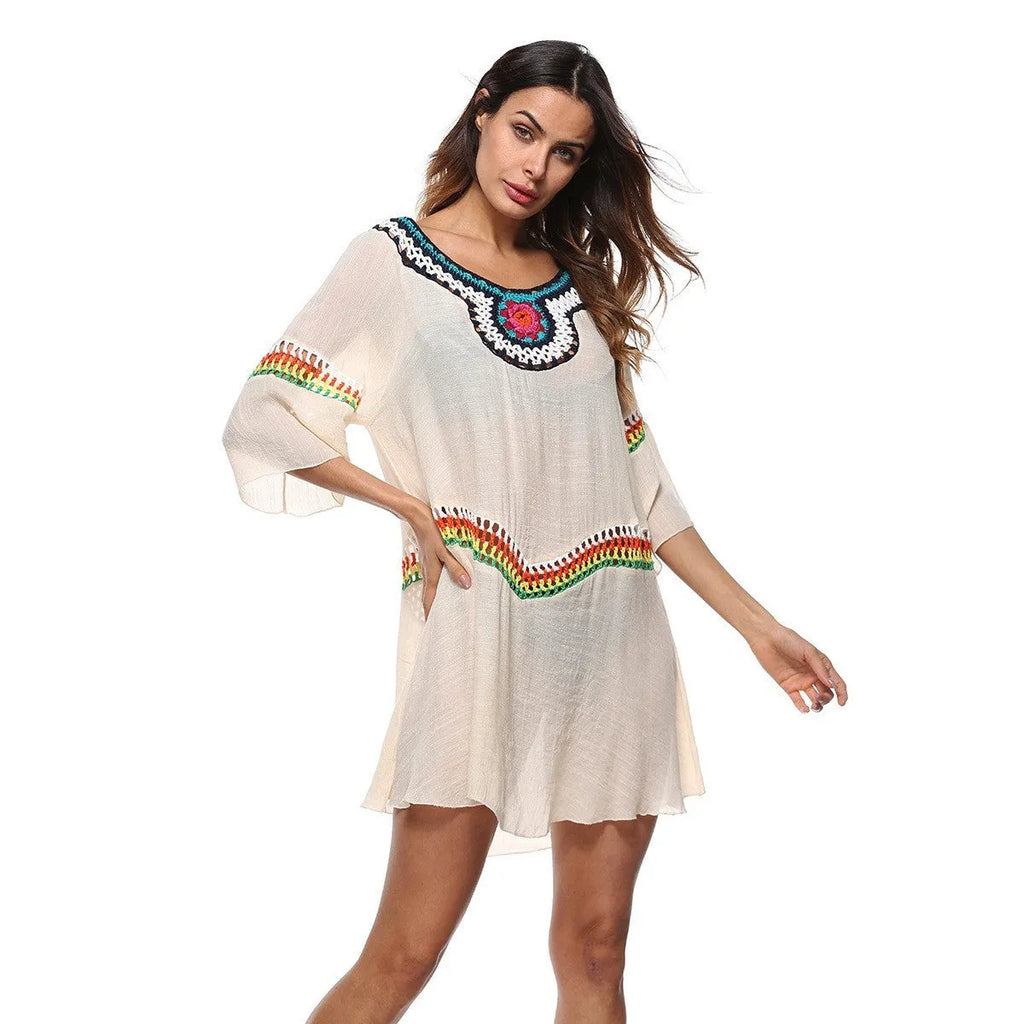 Crocheted ethnic style beach sun protection cover-up for women in acrylic fabric