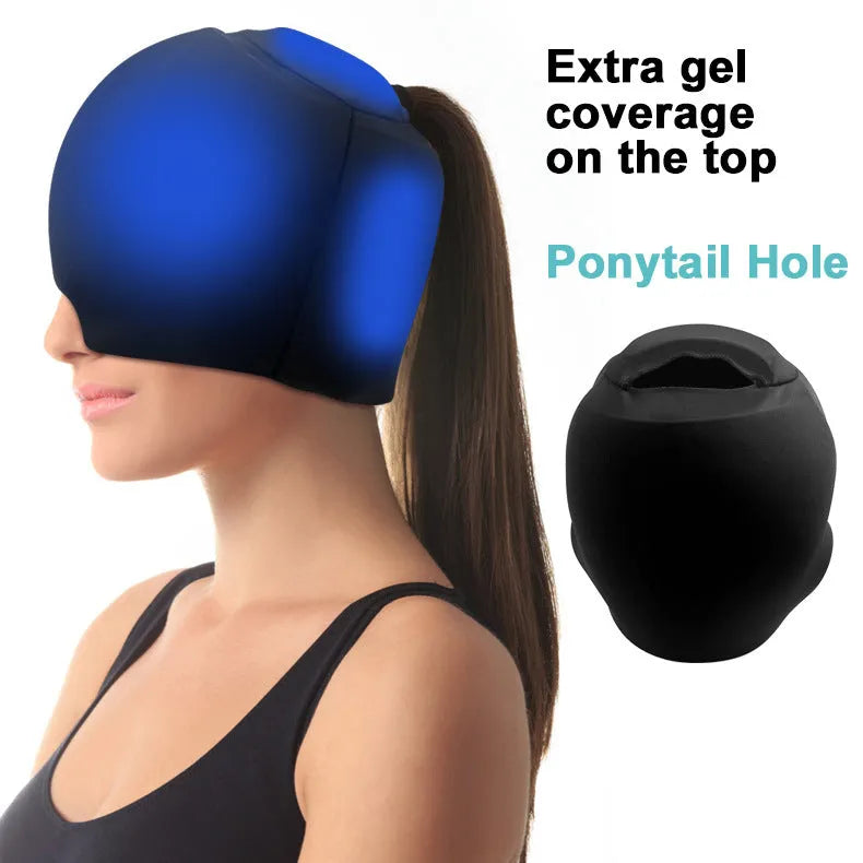 Simple solid colour cold compress cap with fully enclosed design in black, pink, or dark blue.