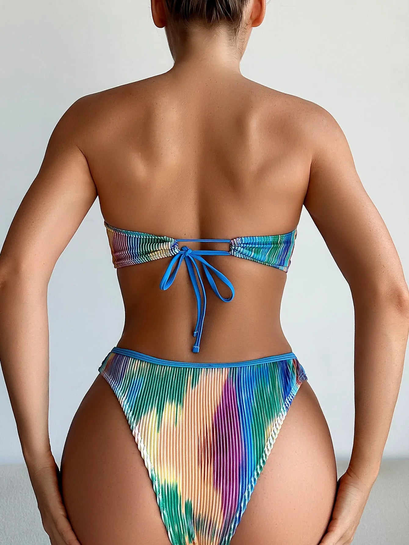 Colour printed tube top bikini swimsuit with separate top and pants
