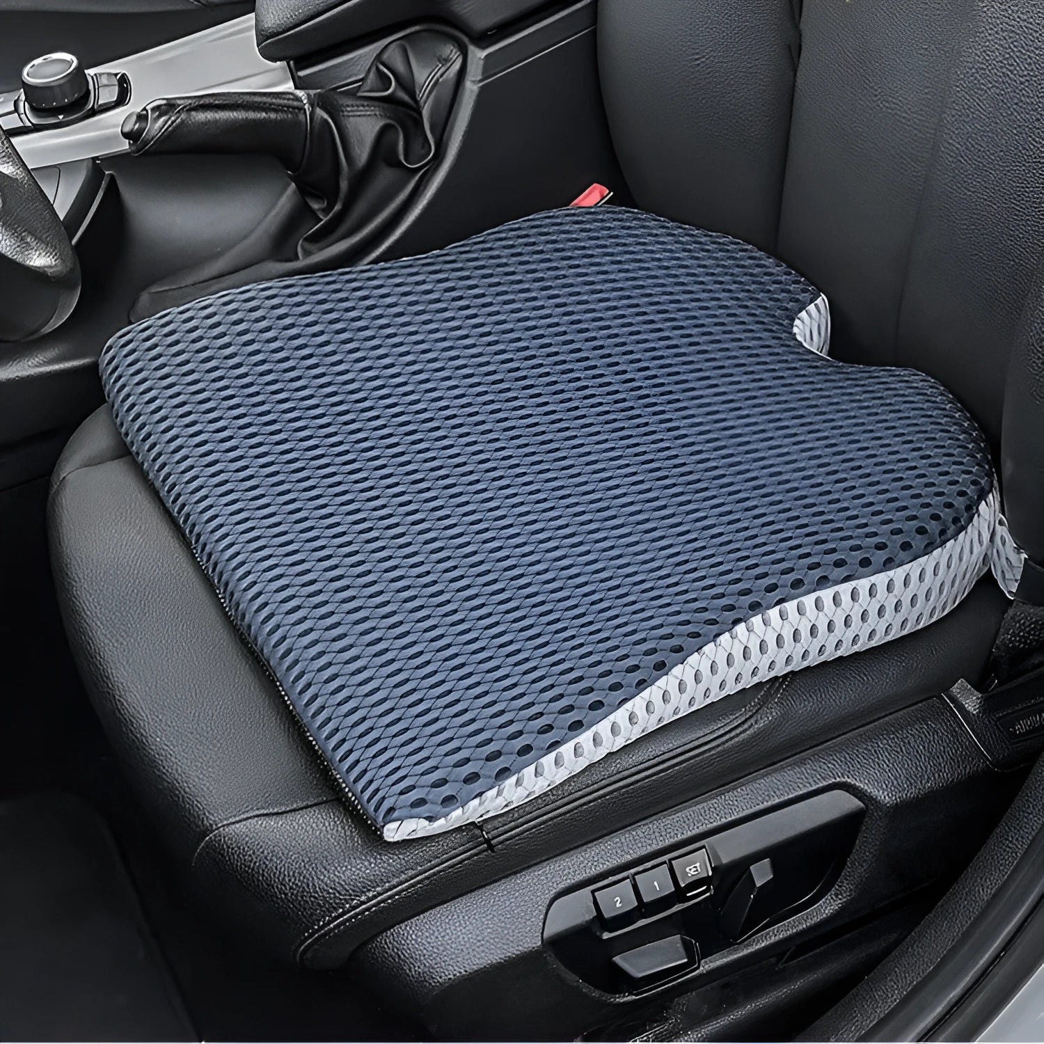 Memory foam seat cushion with adjustable strap in black, grey, or creamy white.