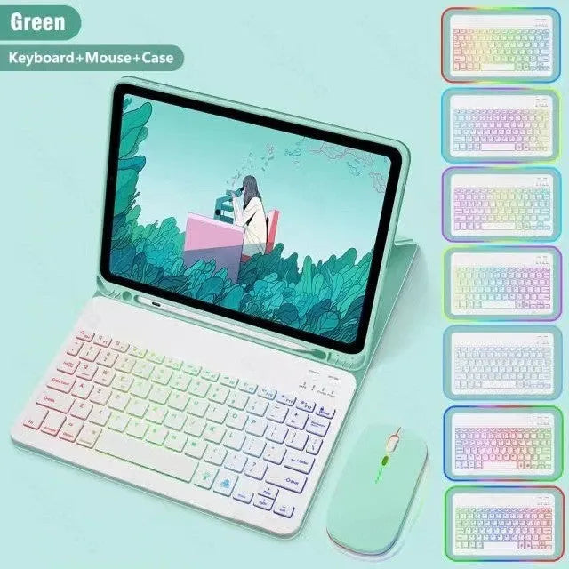 iPad in a black TPU protective case with an attached luminous RGB backlit Bluetooth keyboard, showing the built-in stand.