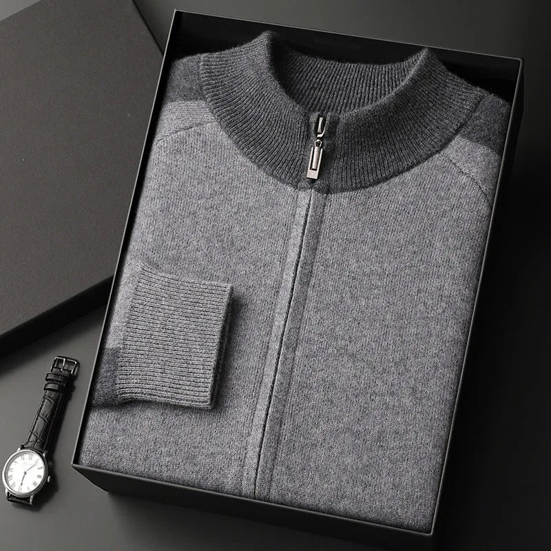 Men's cashmere wool blend knitted cardigan suit with half turtleneck zip front and matching trousers