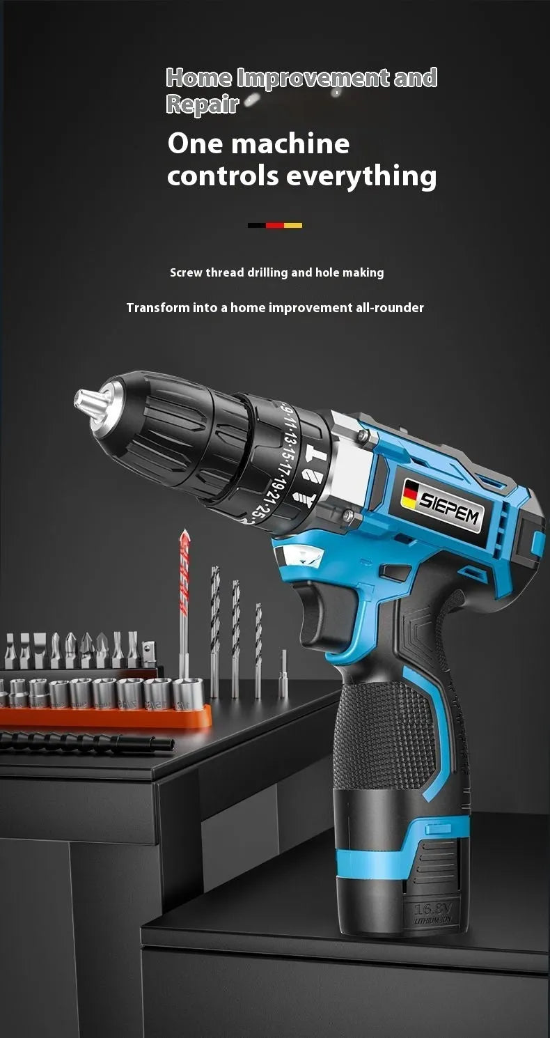 12V dual speed impact pistol drill and electric screwdriver set inside a grey plastic storage case.