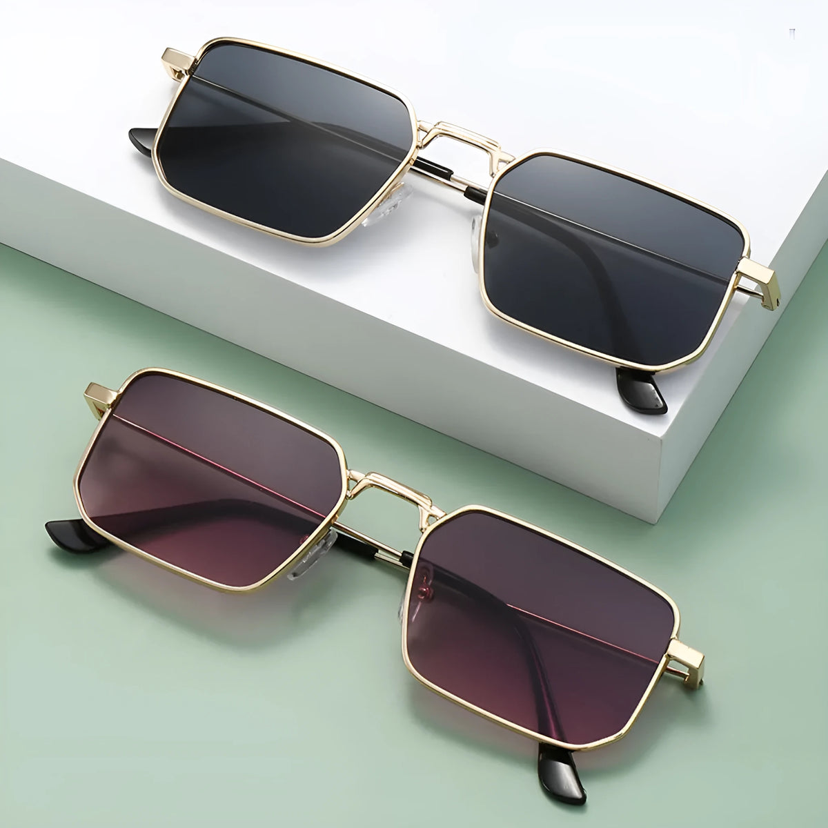 Men's square frame steampunk sunglasses with metal construction in gold and black colour options