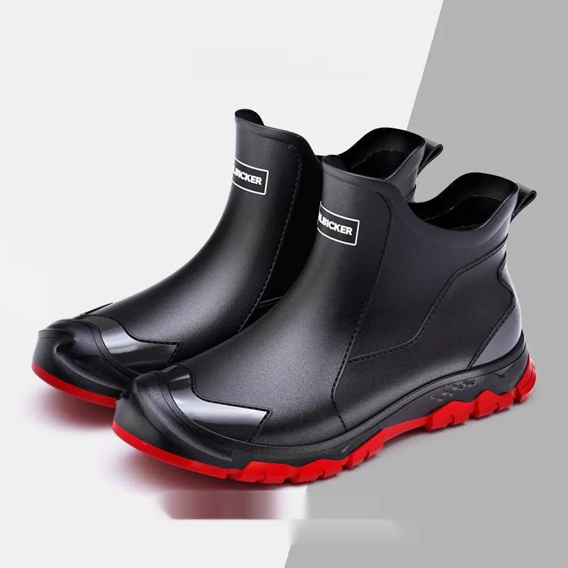 Short tube PVC wading shoes with a round toe and non-slip plastic sole on a flat heel.