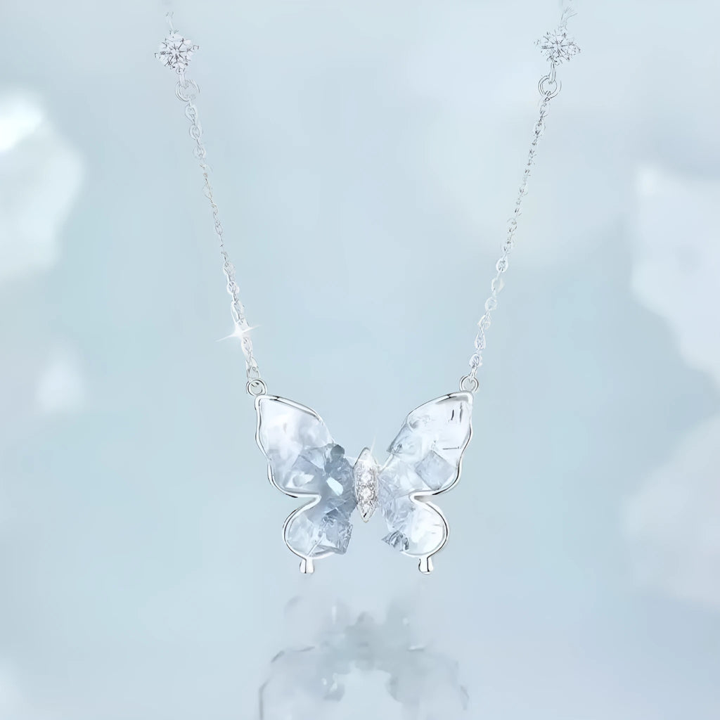 S925 silver necklace with ice rain butterfly pendant on adjustable O-ring chain