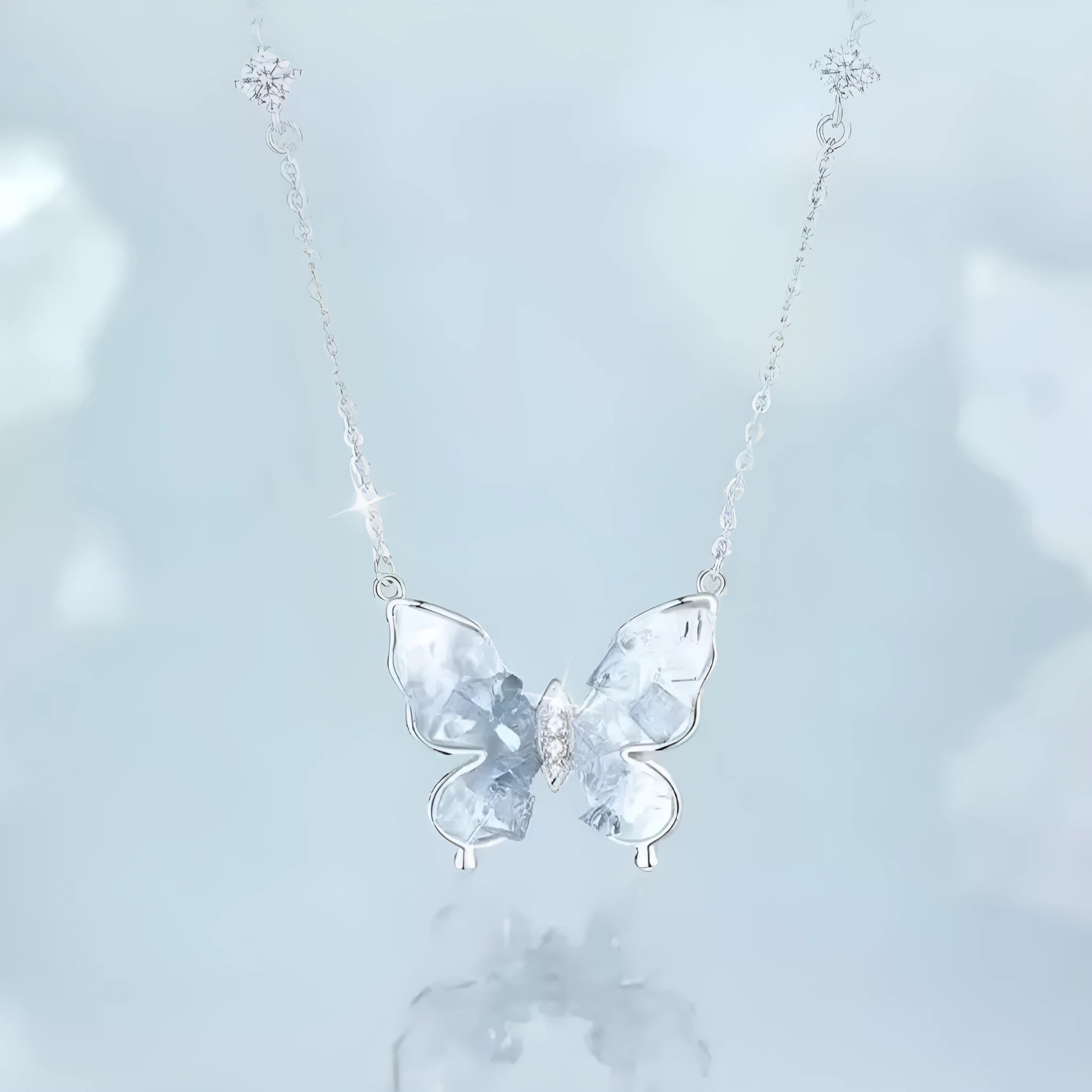 S925 silver necklace with ice rain butterfly pendant on adjustable O-ring chain