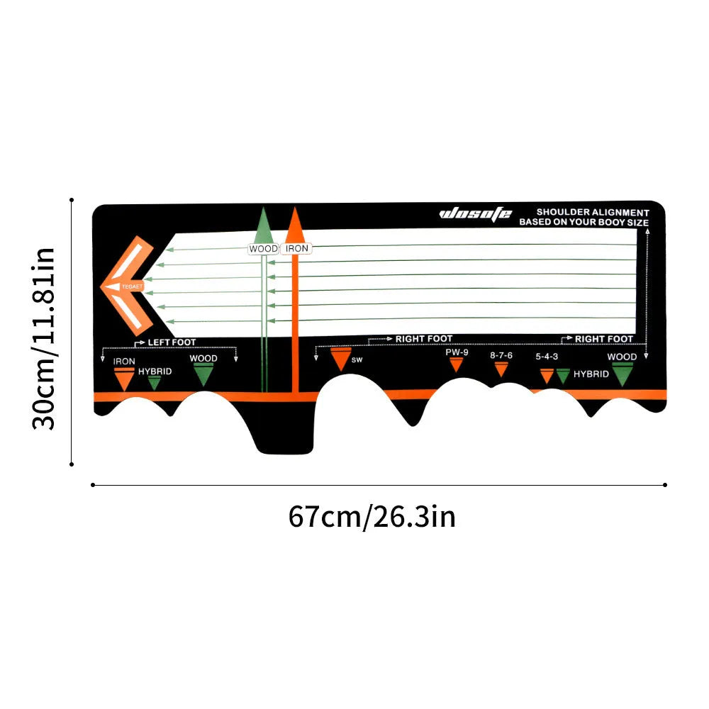 Black neoprene golf swing stance training mat with alignment markings for posture correction