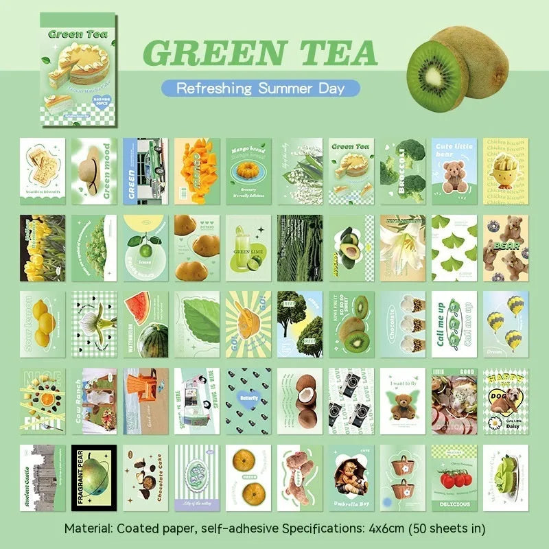 Copper board paper cartoon sticker book open showing 4x6cm sheets in various colours.