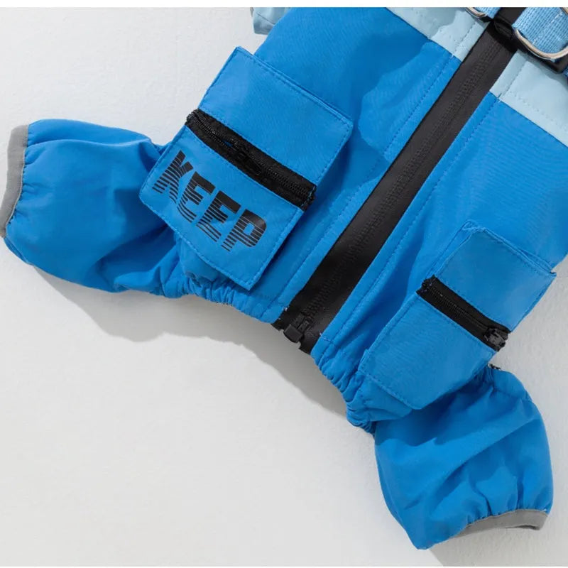 Autumn winter dog raincoat for small medium dogs windproof waterproof four-legged cotton coat with reflective stripes blue colour