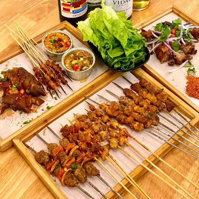 Square bamboo tray with brown wooden handle for restaurant and cafe service