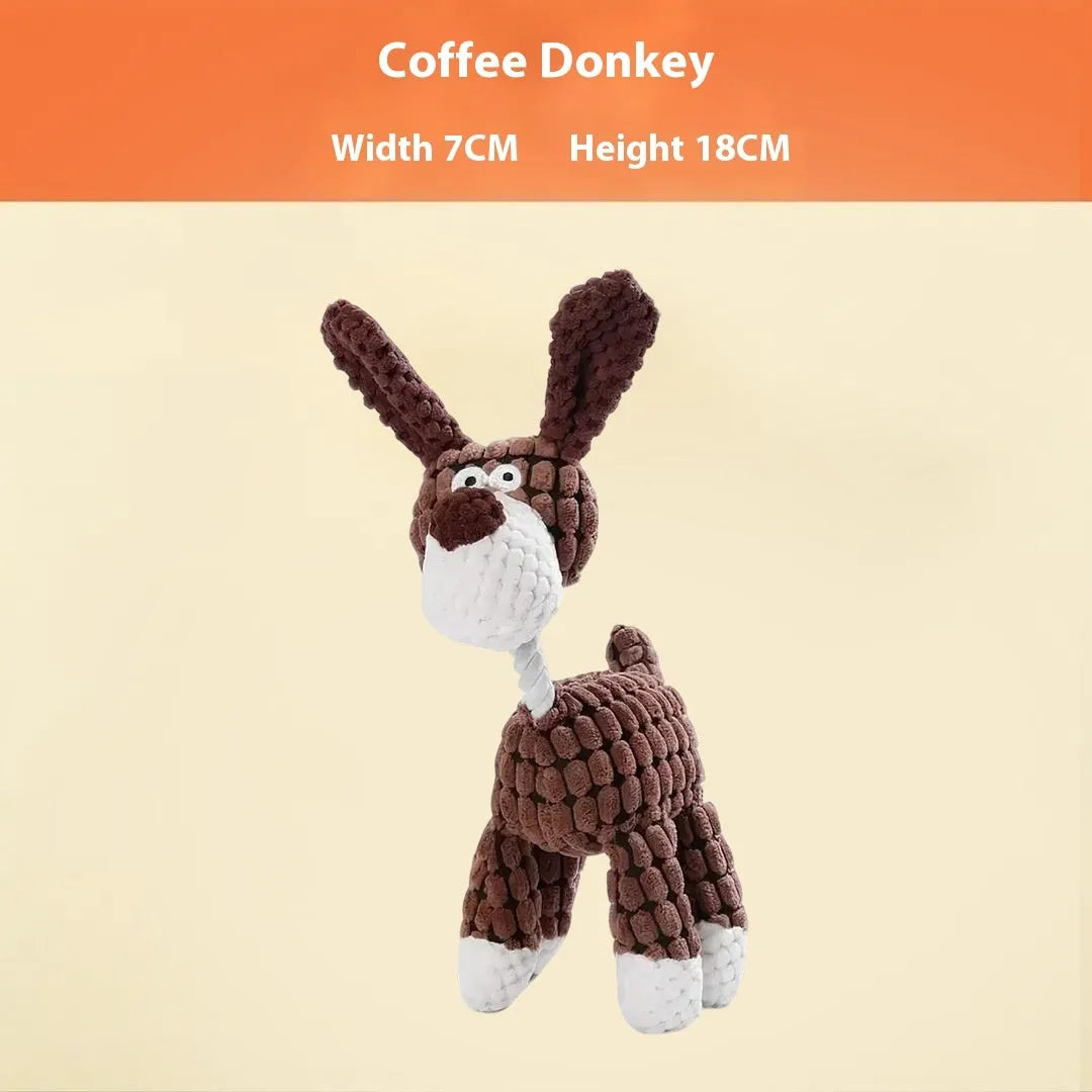 Bite-resistant plush dog toy in styles like blue elephant, rechargeable duck, and donkey.