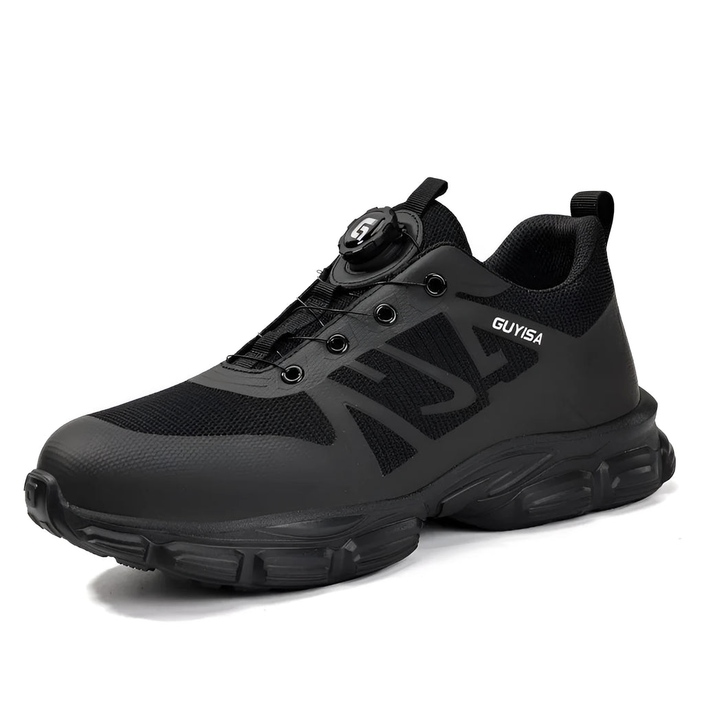 Black lightweight safety work shoes with Flyknit upper, steel toe cap, and TPU sole