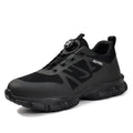 Black lightweight safety work shoes with Flyknit upper, steel toe cap, and TPU sole