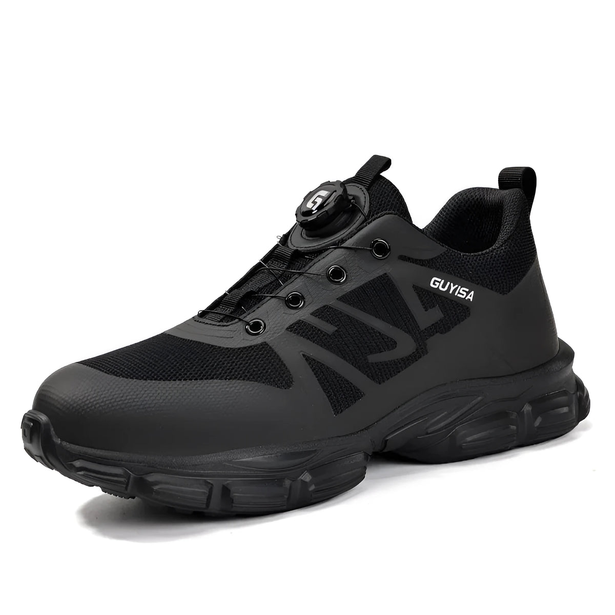 Black lightweight safety work shoes with Flyknit upper, steel toe cap, and TPU sole