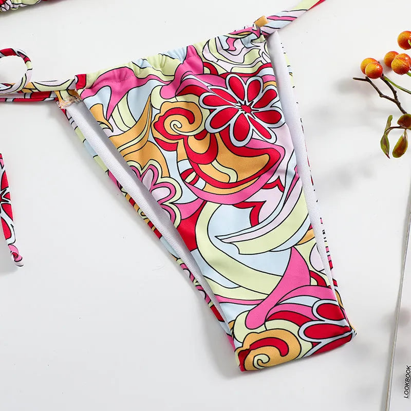 Multicolour geometric print triangle bikini set for women with adjustable neck strap.
