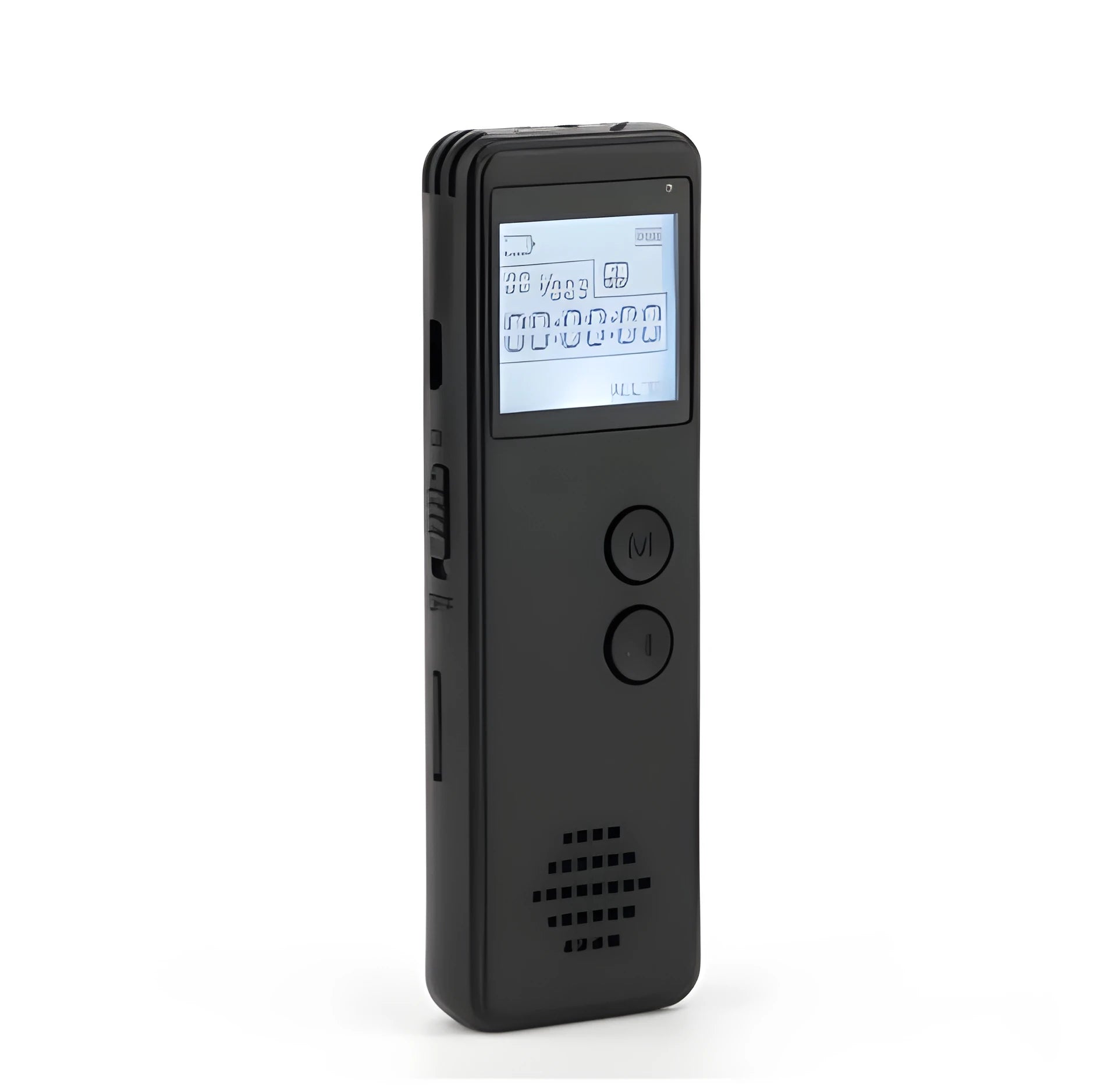 Black MP3 digital voice recorder with display screen showing recording time
