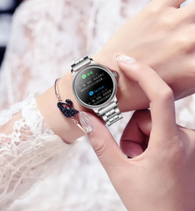 AK38 ladies smart watch with stainless steel wristband options and 1.09-inch TFT display
