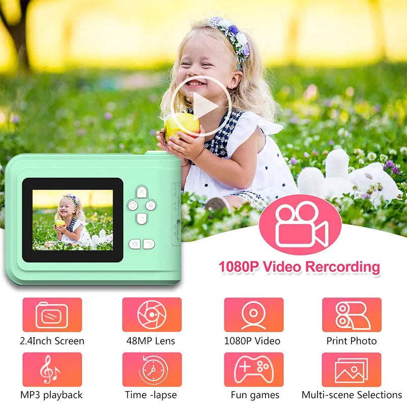 Mini portable photo printing camera in blue or pink standard with 2.4 inch ABS plastic body and included printing paper and lanyard