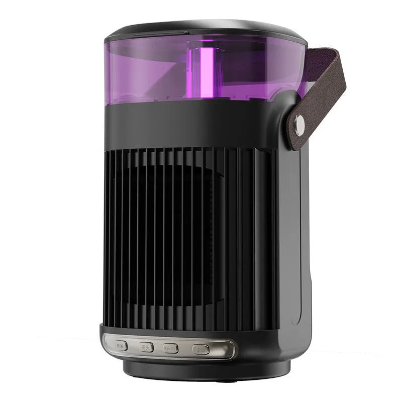 Black portable heater with humidifier measuring 24x13x13cm with front control buttons