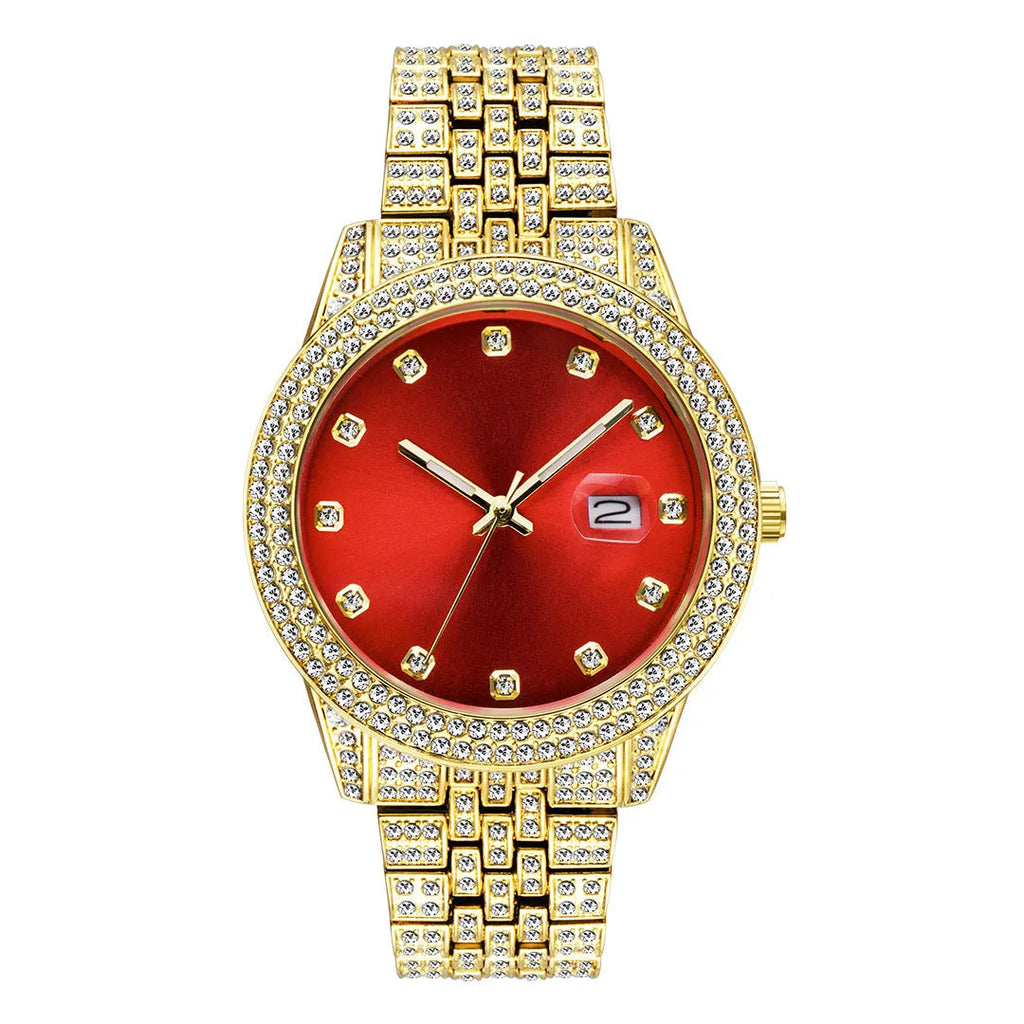 Men's quartz watch with calendar function, alloy case, 10mm thickness, multiple colour options including gold and green