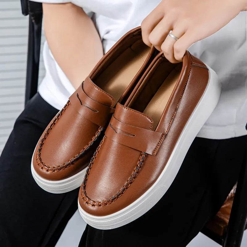Men's round toe casual PU leather slip-on shoes in white, black and white, and khaki colours.