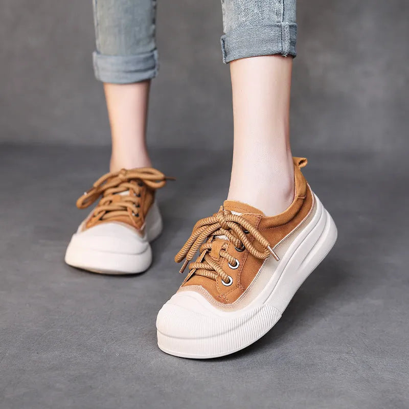 Women's lace-up casual leather shoes in yellow and cameo brown colours with round toe design