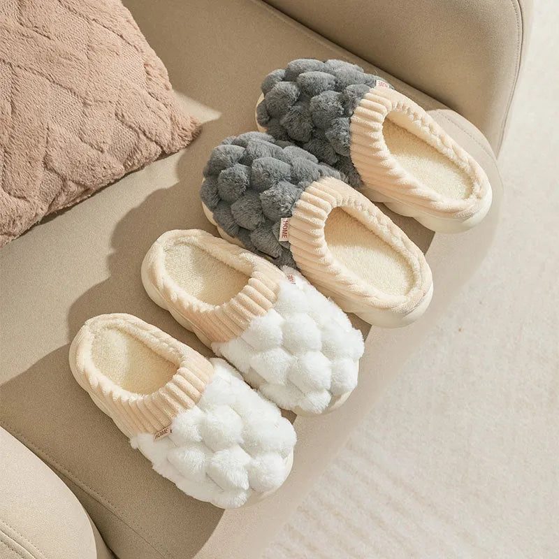 Plaid plush indoor slippers with artificial wool lining and non-slip PVC sole in grey, pink, coffee, green or white