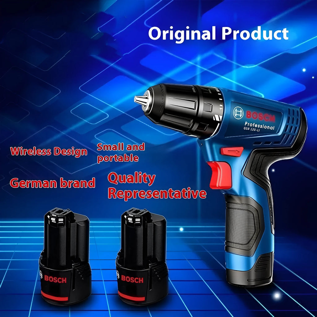 Cordless electric drill and screwdriver with 10mm chuck, 1300 rpm, two batteries and instruction manual.