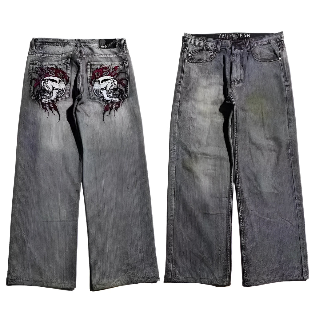 Men's grey wide-leg jeans with washed-out retro styling and straight-leg workwear design