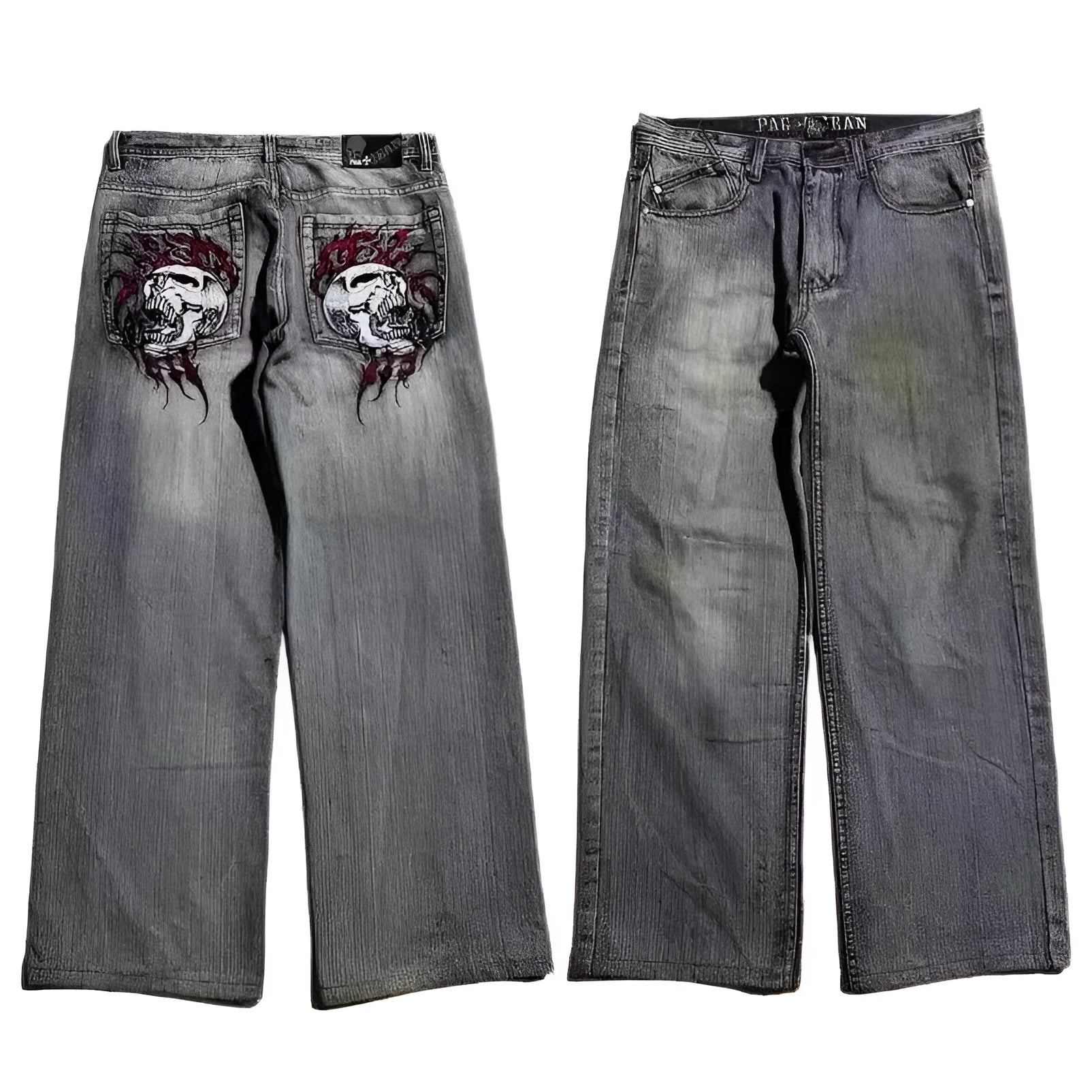 Men's grey wide-leg jeans with washed-out retro styling and straight-leg workwear design