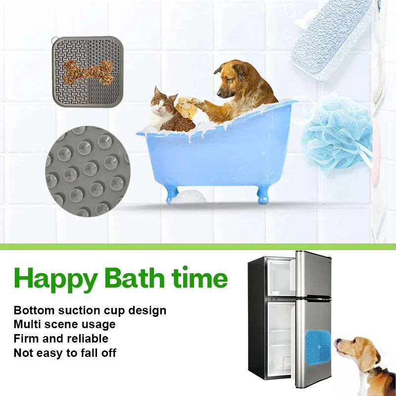 Square silicone dog licking mat with textured surface and suction cups on reverse side