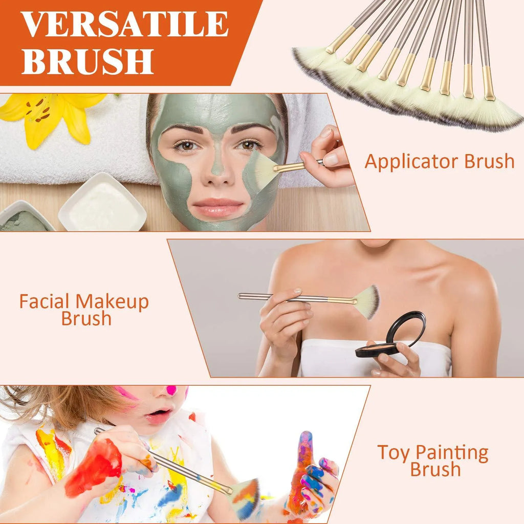 Ten professional champagne-coloured facial fan brushes with acrylic handles and protective covers.