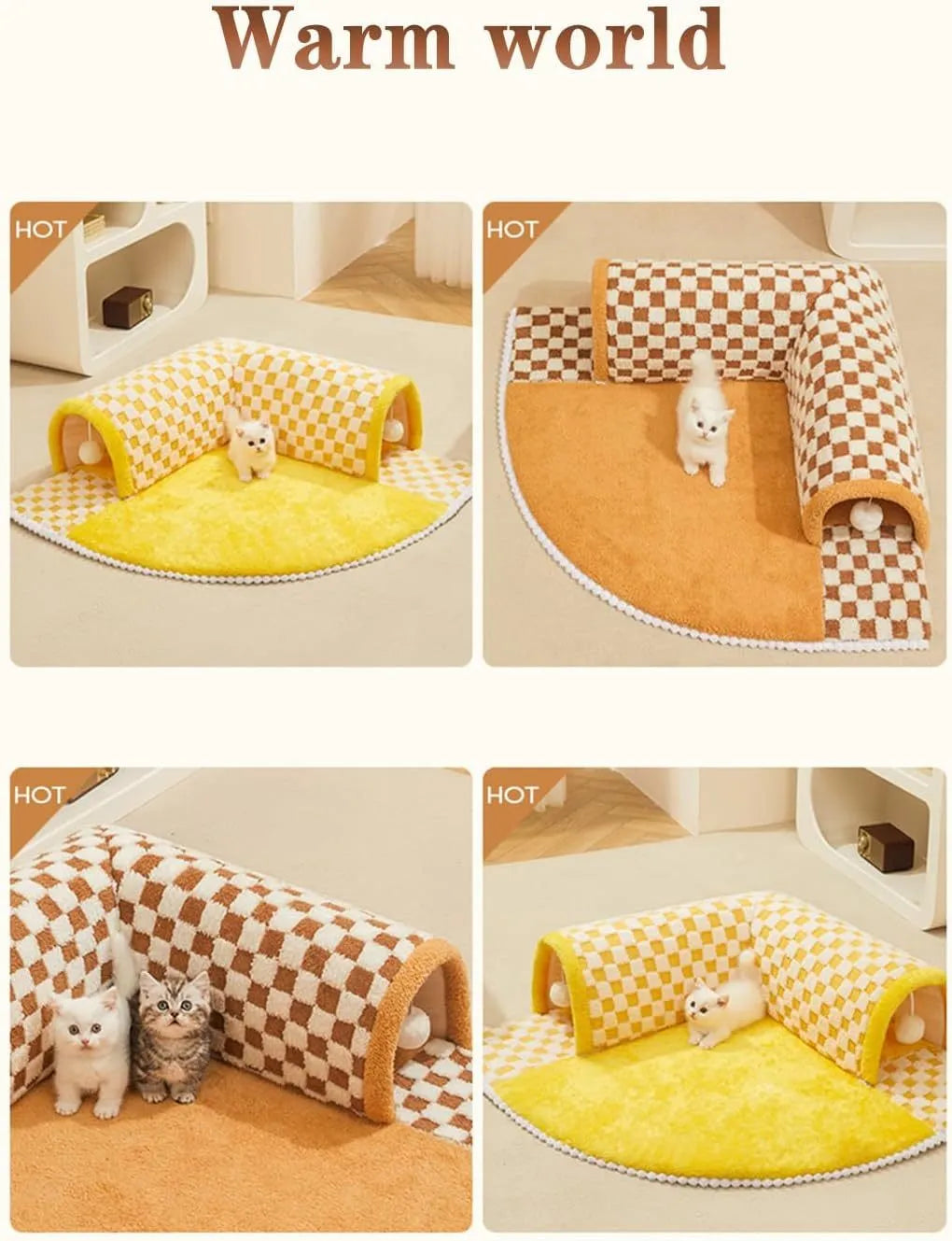 Brown plaid cat tunnel bed with central mat showing fluffy material and non-slip bottom