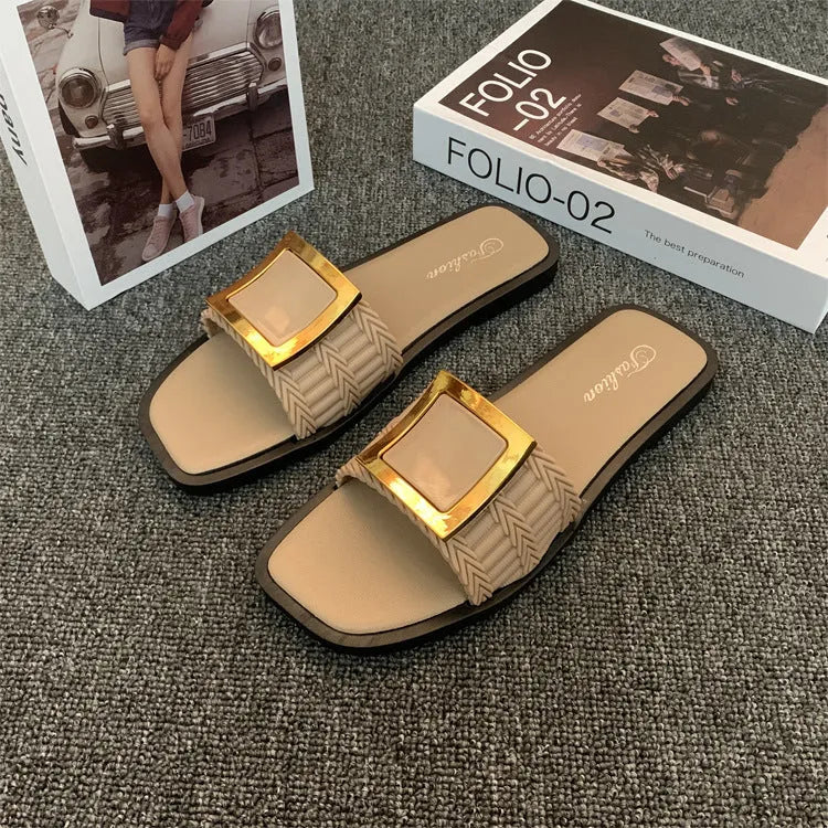 Women's flat summer slippers in apricot, black, or khaki with a lightweight PVC sole