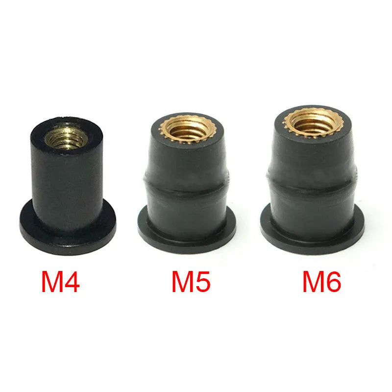 Motorcycle black rubber well nut fasteners with brass nuts in M4, M5, M6 sizes.